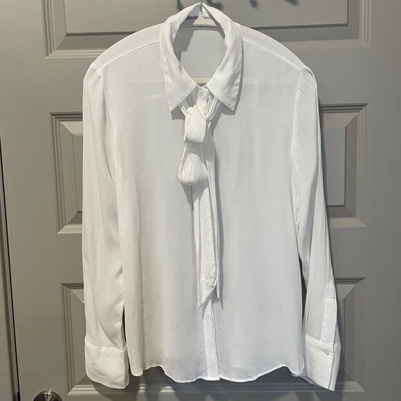 Mango White Button Down Shirt with Tie Neck, size 8 - Picture 2 of 12